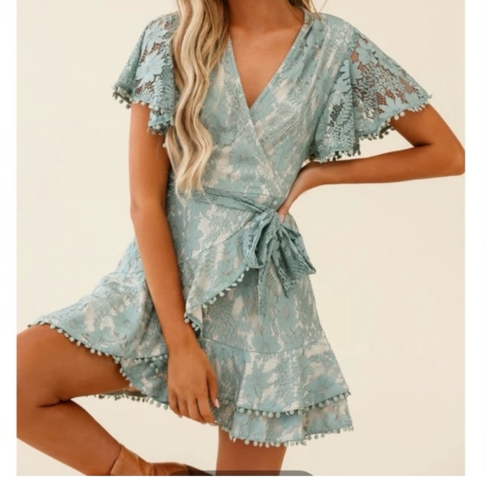 NWT SELFIE LESLIE Cami Angel Sleeve Faux Wrap Sage Mini Dress—SZ. XS